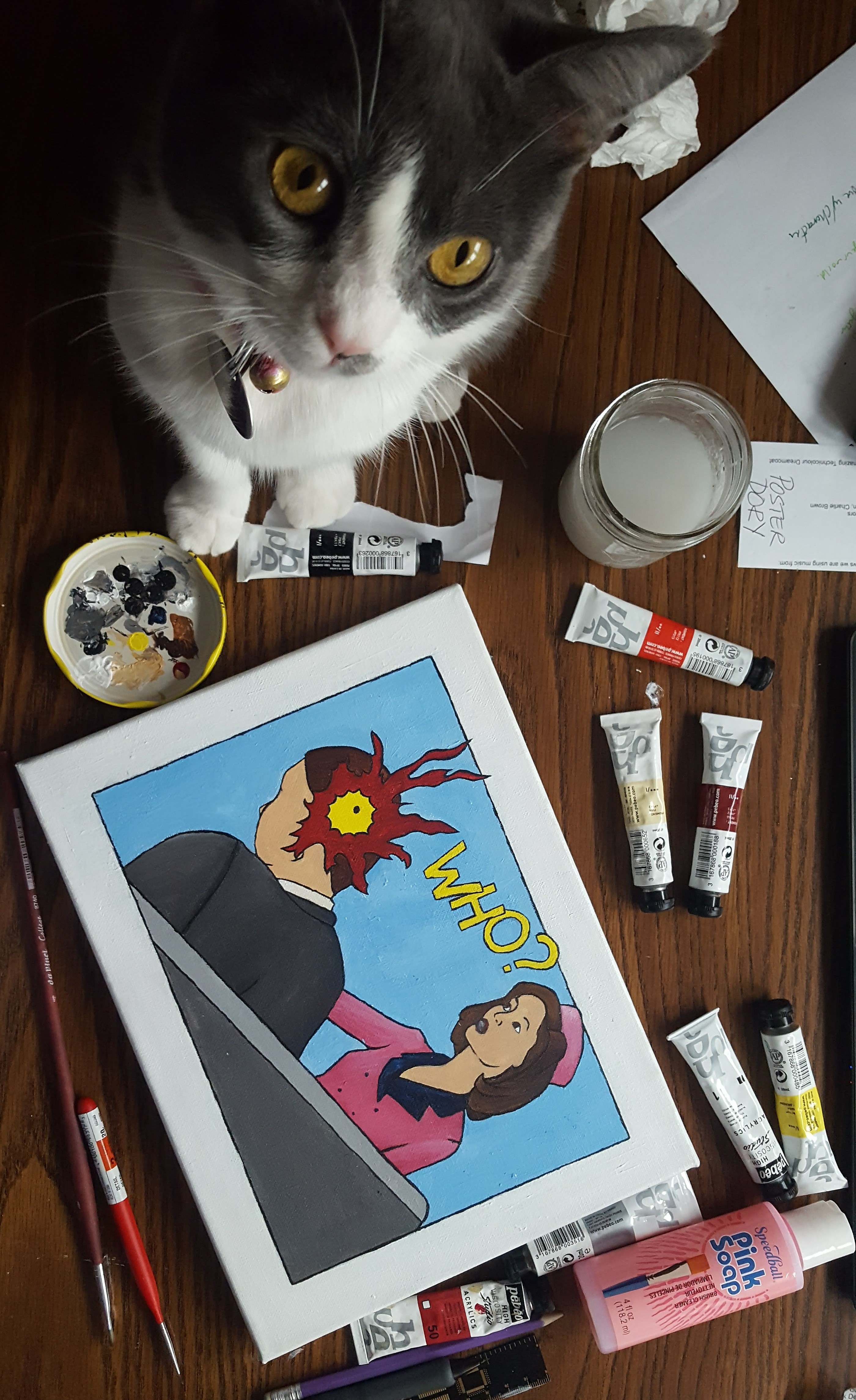 There is my pretty kitty, how cute is she?! <br> <br> This photo was taken near the end of my process in making a re-imagination of Lichtenstein's 'Whaam!' to capture the iconicity and curiosity of the JFK assassination. The world was introduced to both events in 1963